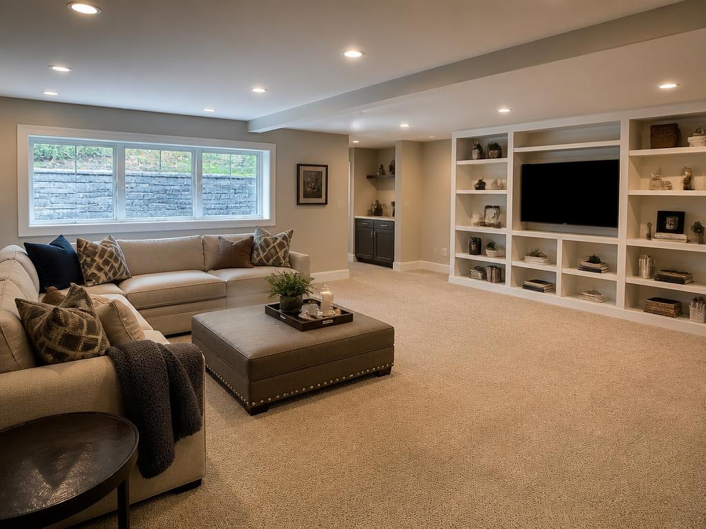 Finished basement living space with built-in shelving