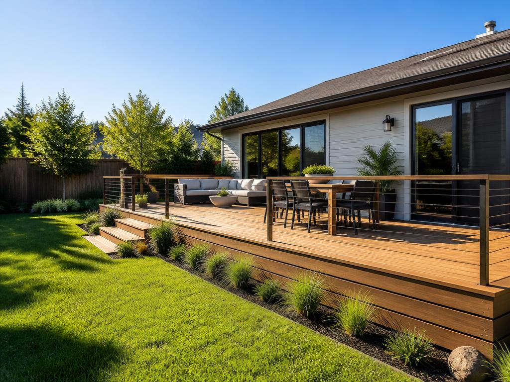 Backyard wooden deck with modern railings and outdoor furniture