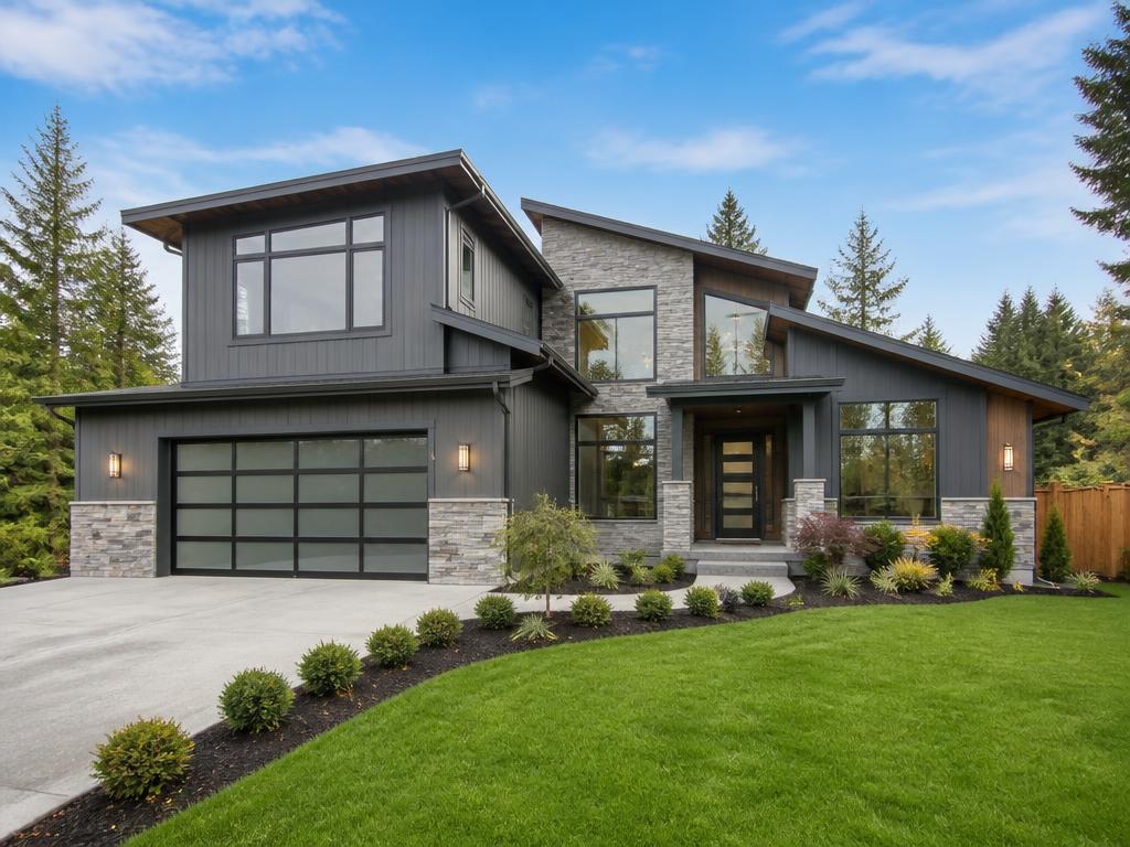 Modern home exterior with new siding and landscaping