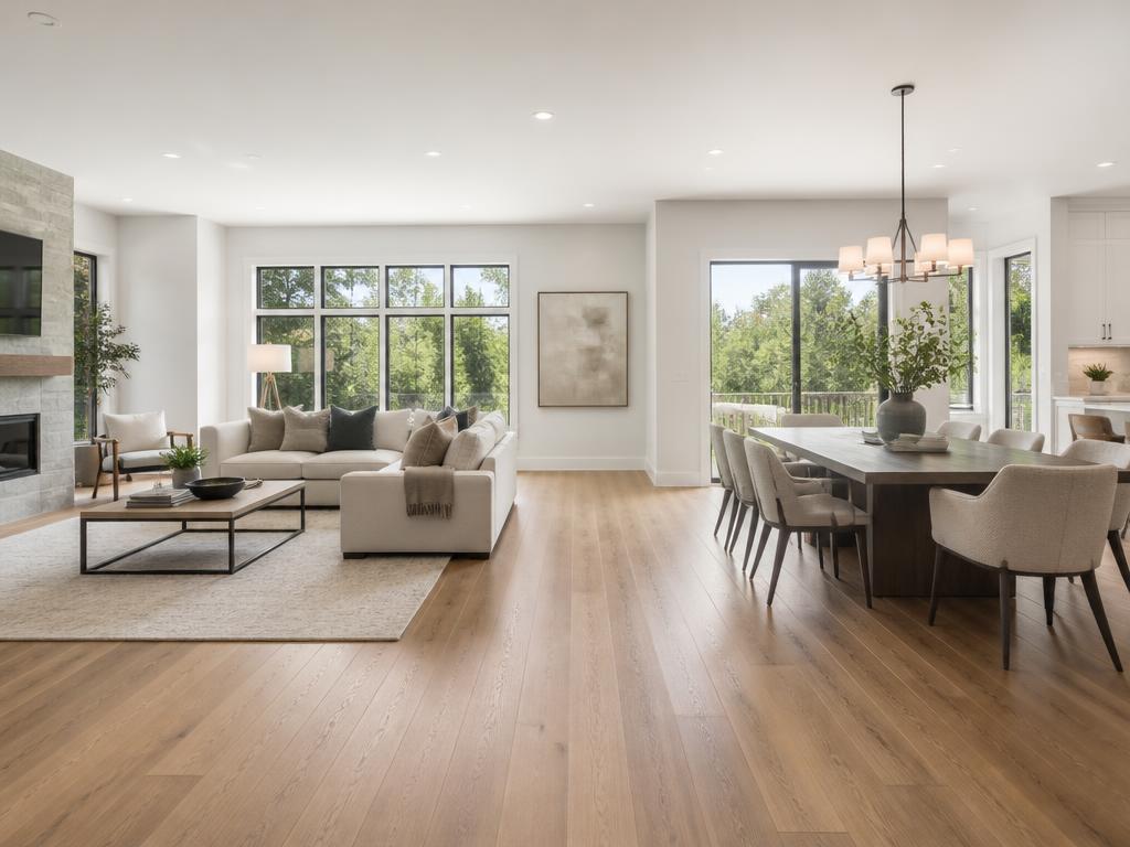 Open living and dining space with new hardwood flooring