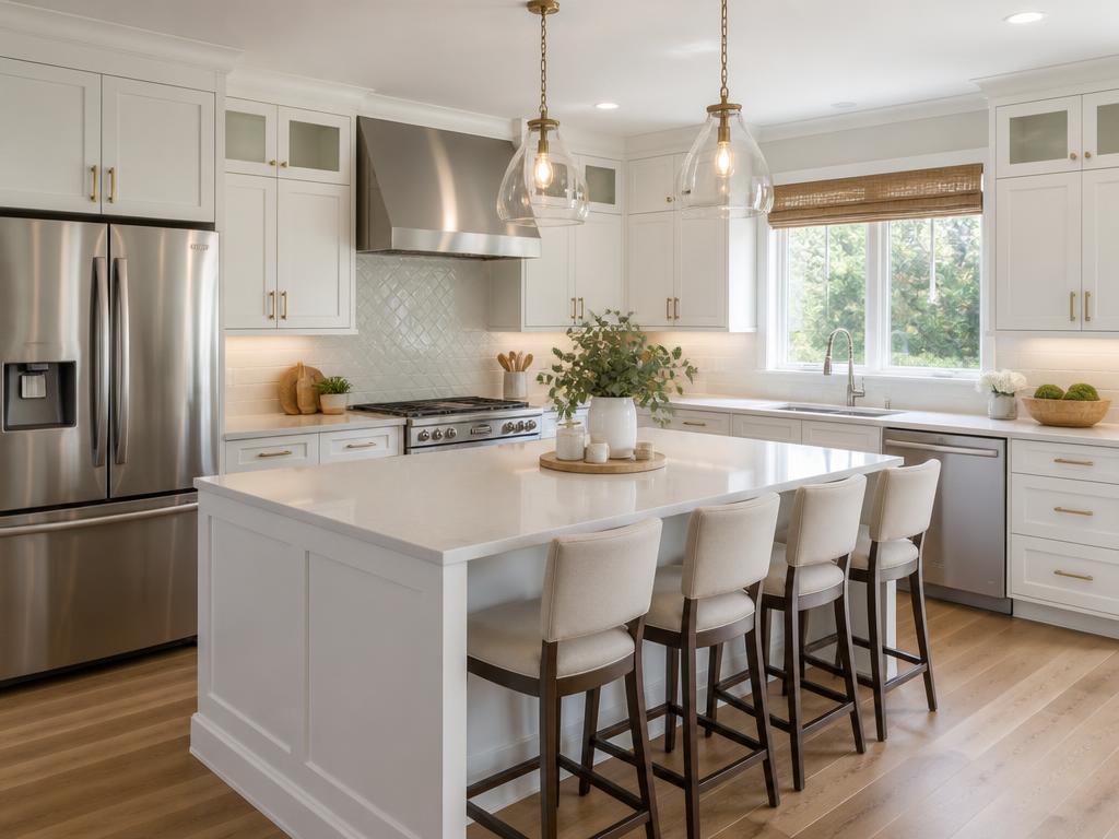 Modern kitchen renovation with white cabinets and quartz countertops